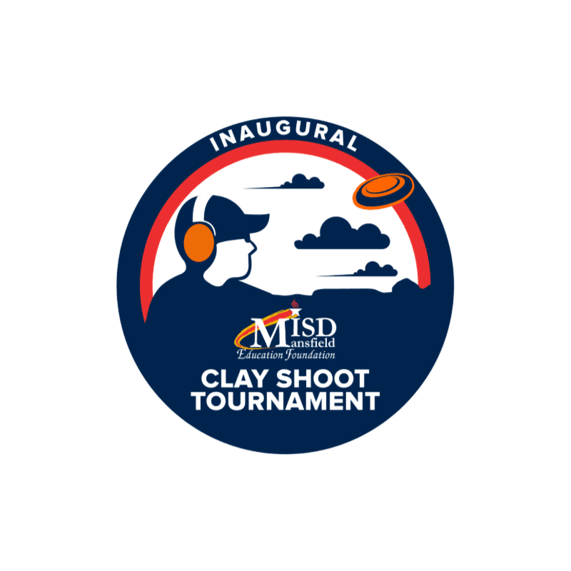 A silhouette of a person in profile, wearing headphones and facing a clay pigeon in the air, is set against a dark blue and orange circular background with clouds and the text "INAUGURAL CLAY SHOOT TOURNAMENT" and "MSD Education Foundation".