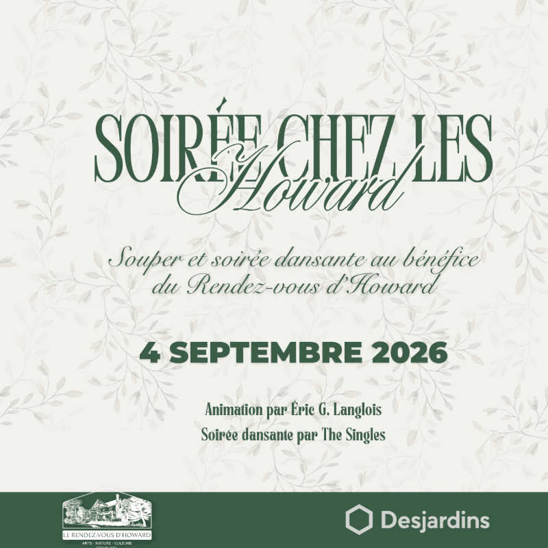 A green and white invitation for a "Soirée chez les Howard" on September 4, 2026, features elegant script text and a subtle floral background pattern.