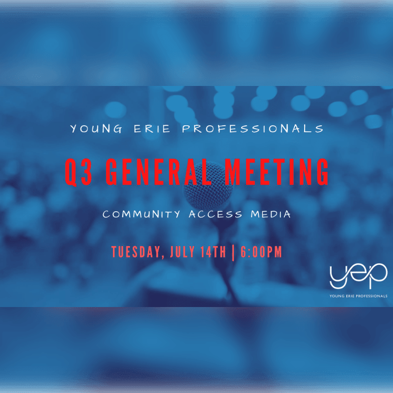 A microphone stands in the foreground against a blurred background of lights, advertising a Q3 General Meeting for Young Erie Professionals on Tuesday, July 14th at 6:00 PM.
