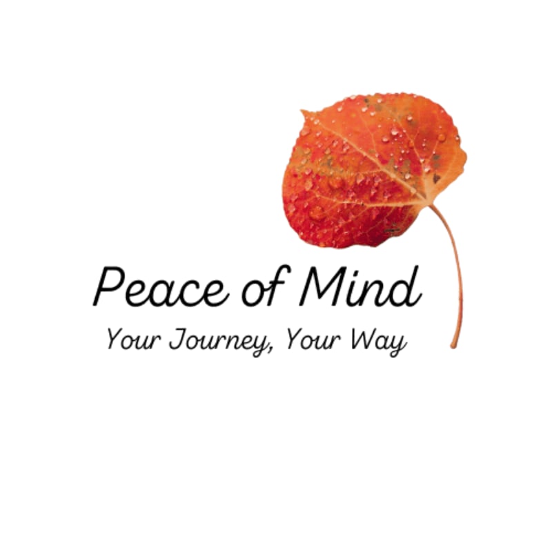 A vibrant orange leaf with water droplets rests in the foreground above the text "Peace of Mind, Your Journey, Your Way" on a plain white background.