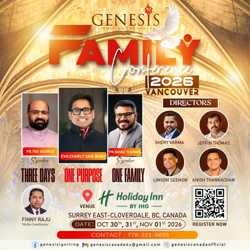 A poster for the Genesis Family Conference 2026 in Vancouver features speakers and directors in the foreground against a backdrop of a stylized church ceiling and the Genesis logo.