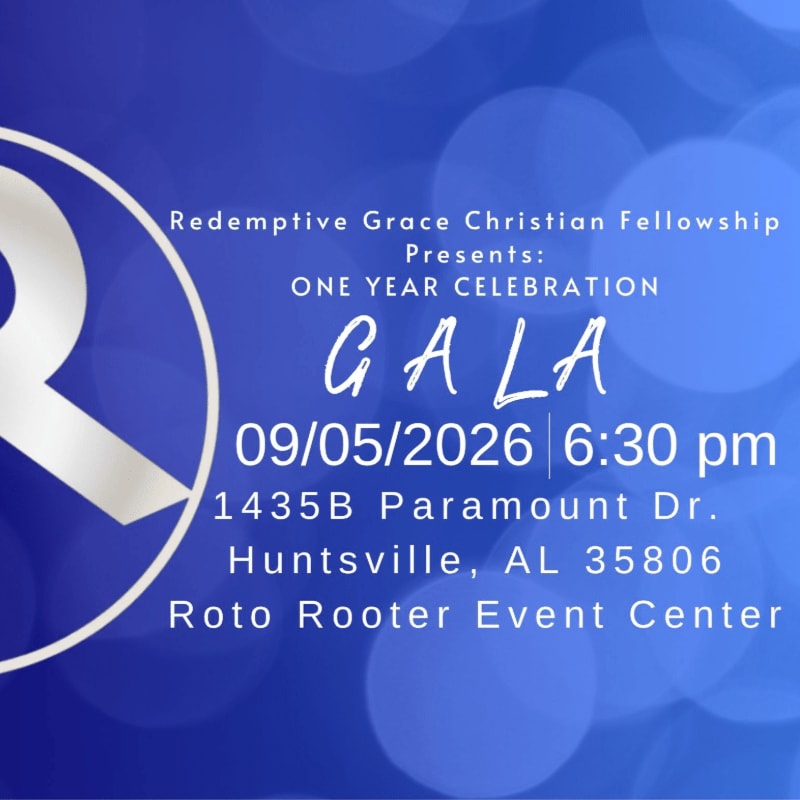 A white ribbon logo is on the left foreground against a blurred blue background with bokeh lights, advertising a "One Year Celebration Gala" for Redemptive Grace Christian Fellowship.