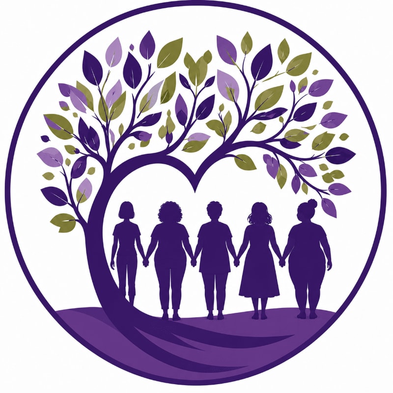 Silhouetted figures of five women stand hand-in-hand beneath a heart-shaped tree with purple and green leaves, all within a circular frame.