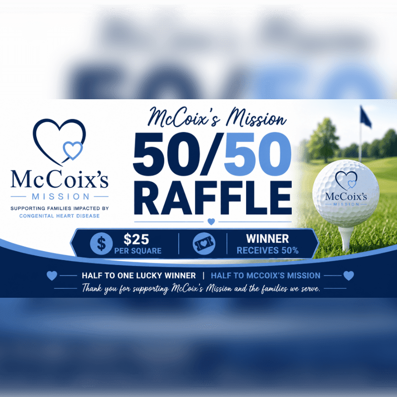 A golf ball with the McCoix's Mission logo sits on a tee in the foreground, with a banner advertising a 50/50 raffle in the background.