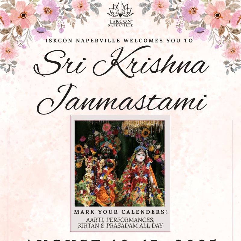 A floral border frames an announcement for Sri Krishna Janmastami at ISKCON Naperville, featuring a central image of deities.