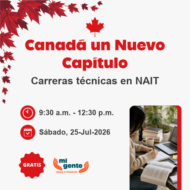 Red maple leaves frame the top of a flyer announcing technical careers at NAIT, with a photo of a student studying in the foreground.