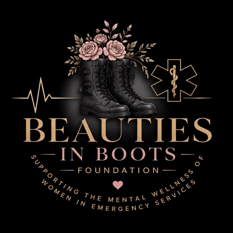 A pair of black combat boots with roses and leaves emerging from them are in the foreground, set against a black background with a medical symbol and a heartbeat line.