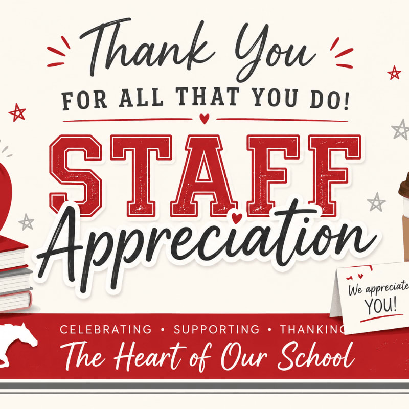 A stack of books and a white horse silhouette are in the foreground, while the background features bold red lettering that reads "STAFF Appreciation" and "Thank You FOR ALL THAT YOU DO!"