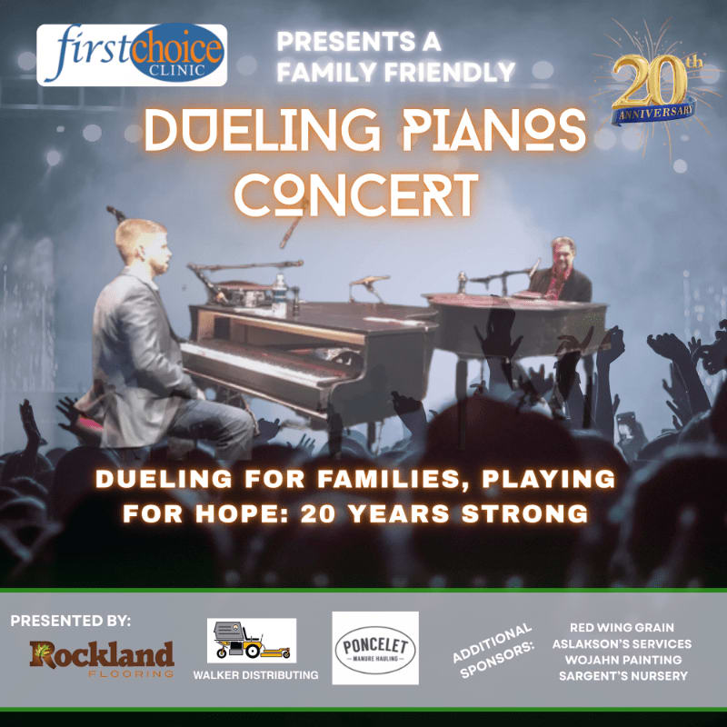 Two men play pianos on a stage in front of a cheering crowd, with concert details and sponsor logos filling the rest of the image.