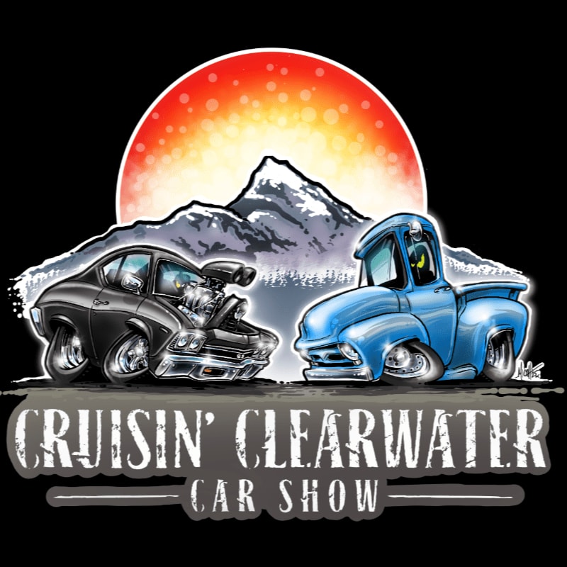 A black muscle car and a blue pickup truck are featured in the foreground with a mountain range and a fiery sun in the background, all under the text "CRUISIN' CLEARWATER CAR SHOW."