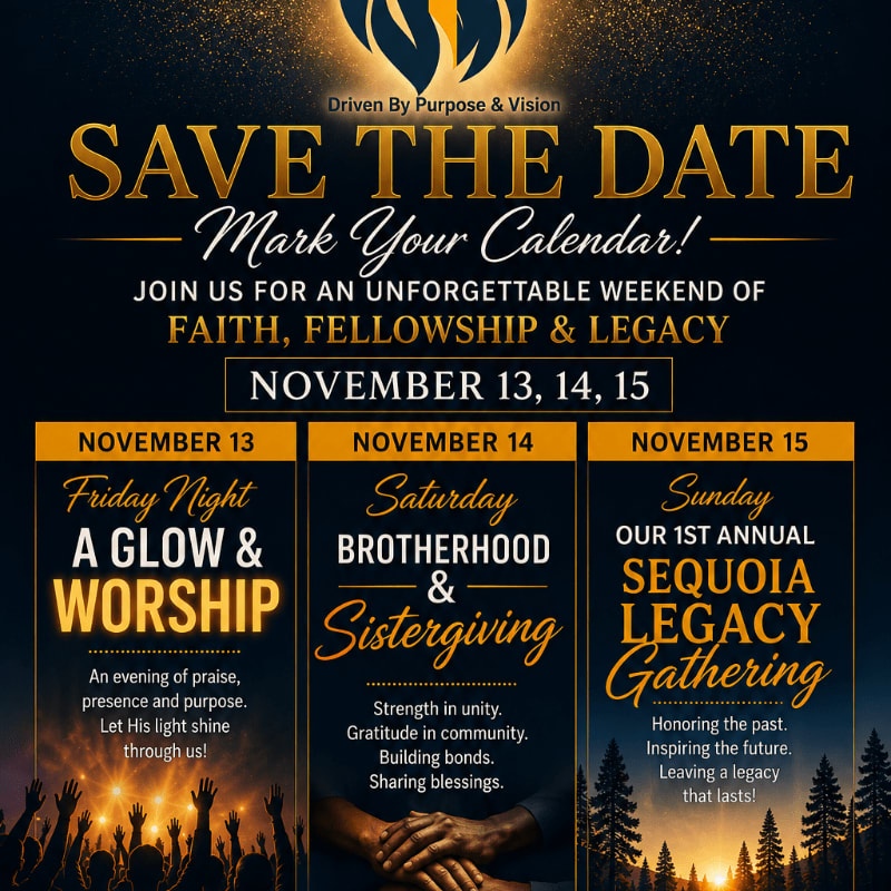 A "Save the Date" announcement for a weekend event in November features a dark, starry background with golden text and three distinct event days detailed below.