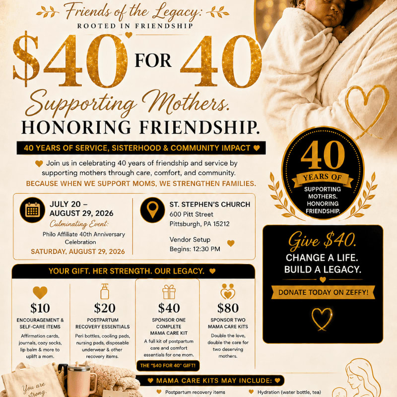 A flyer announcing a 40th-anniversary celebration for "Friends of the Legacy" is displayed with a mother and baby in the background and donation tiers in the foreground.
