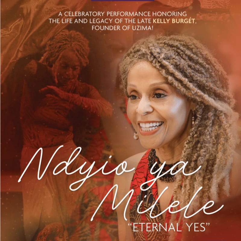 A smiling woman with dreadlocks in the foreground is featured in a poster for a celebratory performance honoring Kelly Burgét, with a blurred image of another woman in traditional attire in the background.