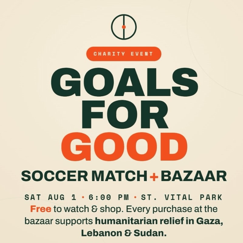 A charity event poster for a soccer match and bazaar is displayed against a light beige background, with bold text announcing "GOALS FOR GOOD" in the foreground.