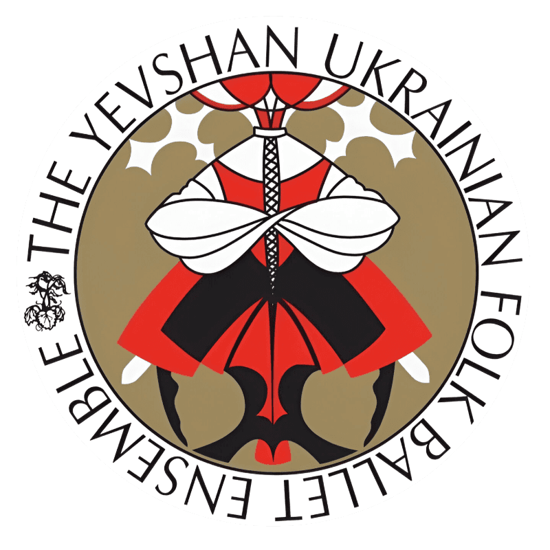 A stylized figure in traditional Ukrainian attire, with crossed arms and a red and black skirt, is centered within a circular emblem that reads "THE YEVSHAN UKRAINIAN FOLK BALLET ENSEMBLE" against a muted gold background.