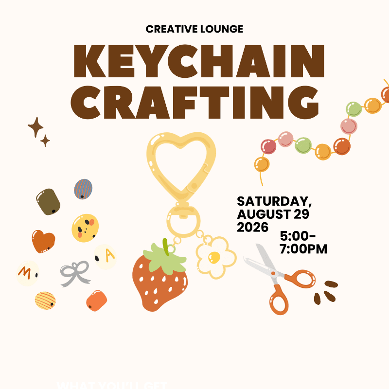 A heart-shaped keychain with a strawberry charm hangs in the foreground amidst colorful beads and crafting supplies, while the background displays event details for "Creative Lounge Keychain Crafting" on Saturday, August 29, 2026.