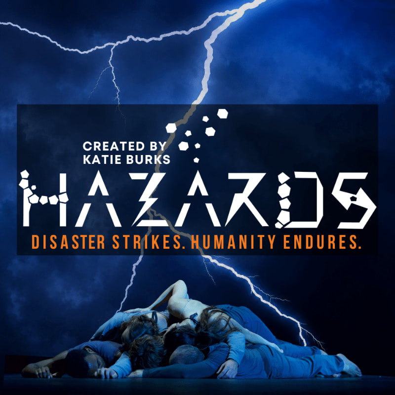 A group of people lie in a heap in the foreground, while a dramatic lightning strike illuminates the dark, stormy sky in the background.