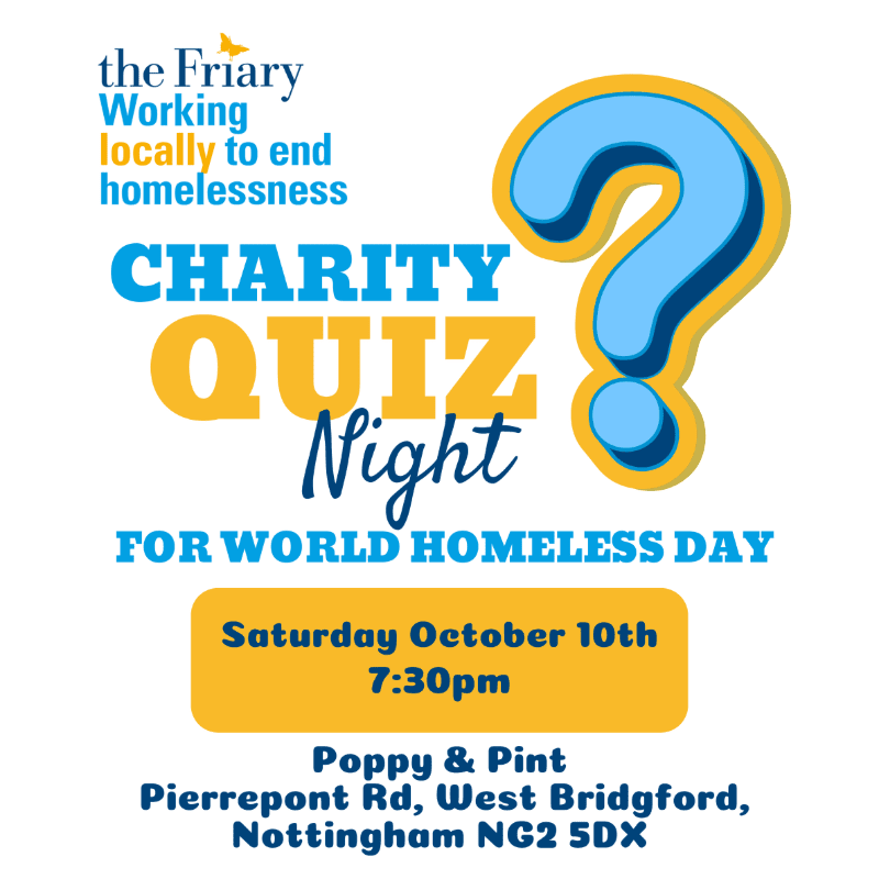 A large blue question mark with a yellow outline hovers over text announcing a charity quiz night for World Homeless Day, with event details at the bottom on a white background.