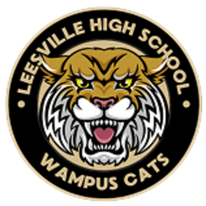 A fierce bobcat's face with bared teeth is centered within a black and gold circular emblem that reads "LEESVILLE HIGH SCHOOL WAMPUS CATS" in the background.