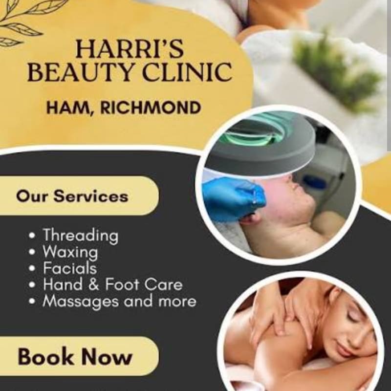 A beauty clinic advertisement features a list of services and two circular images of treatments in the foreground, set against a soft, blurred background of a person wrapped in a towel.