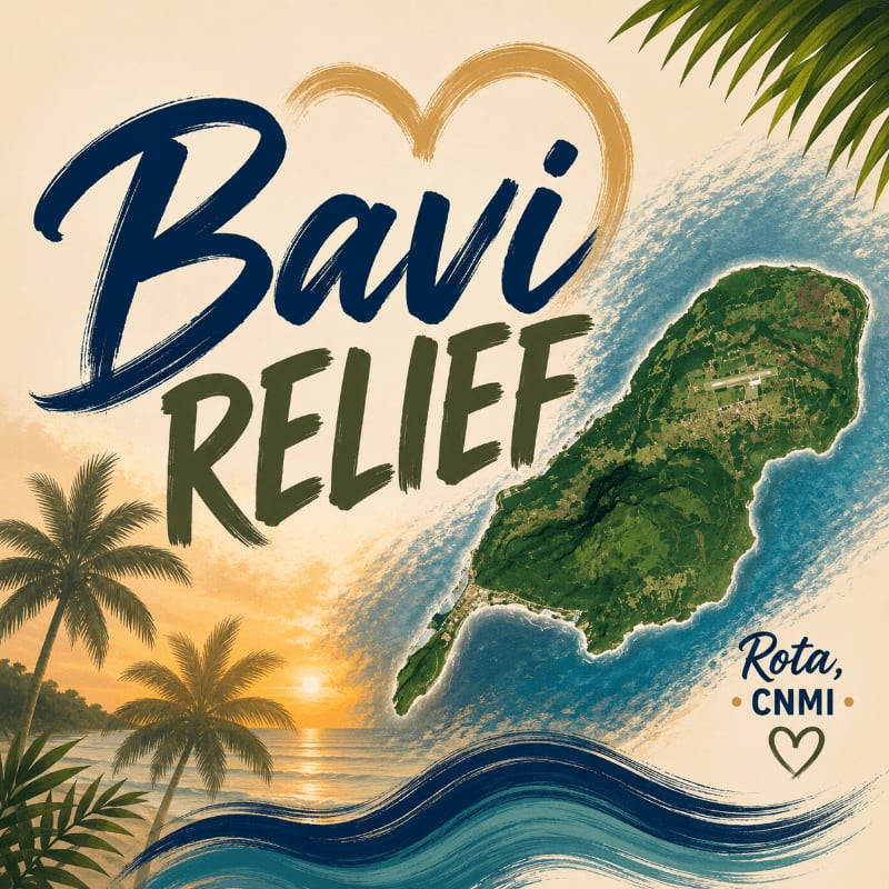 Palm trees and a sunset are in the foreground, while a green island with the words "Bavi RELIEF" and "Rota, CNMI" are in the background.
