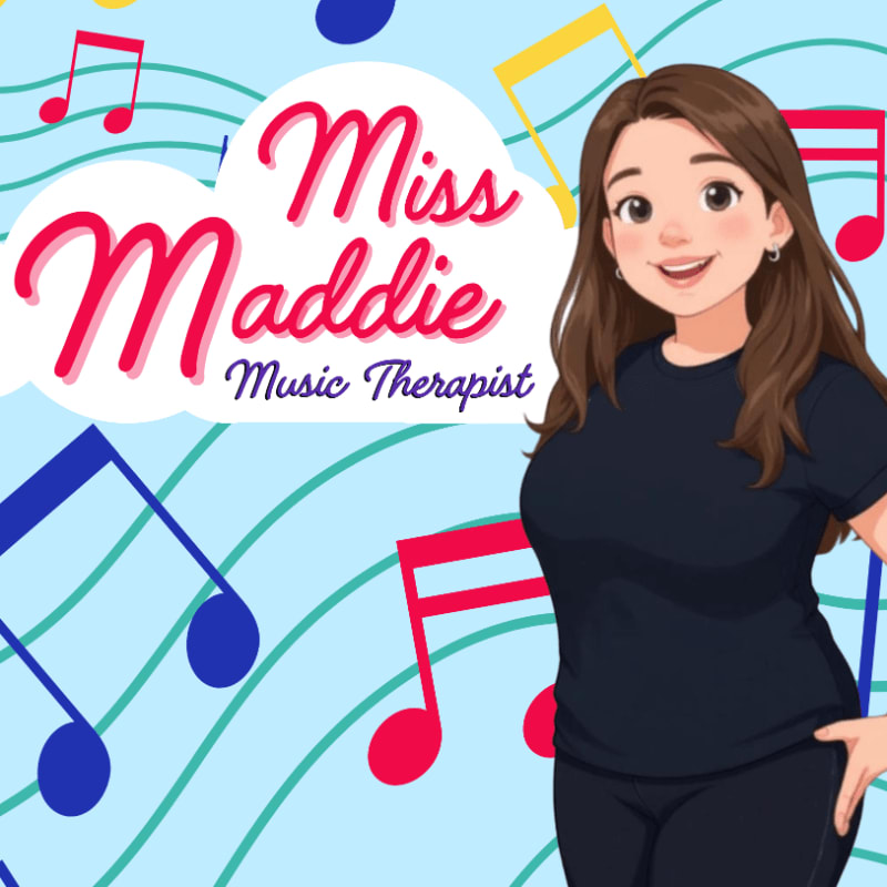 A cartoon woman stands in the foreground against a background of wavy blue lines and colorful musical notes.