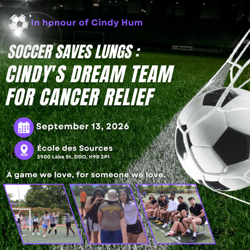 A soccer ball is caught in a net in the foreground, with a poster advertising a cancer relief soccer event in the background.