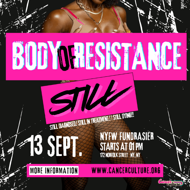 A person in fishnet stockings and a bra is featured in the foreground with bold text announcing "BODY OF RESISTANCE" and event details in the background.
