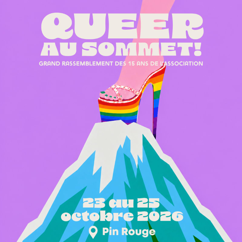 A rainbow-striped platform high heel stands atop a stylized mountain peak against a lavender sky, with event details in the foreground.