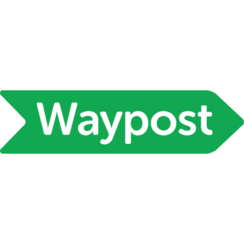 A green arrow-shaped sign with the white text "Waypost" points to the right against a white background.
