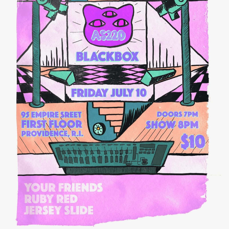 A flyer for a show at AS220's Blackbox on Friday, July 10th, features a stylized cat face and concert details in the background, with a DJ mixing board and band names in the foreground.