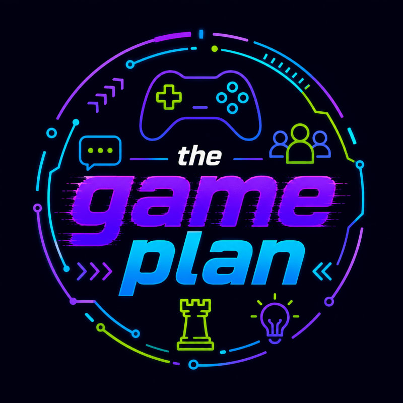 A circular, neon-outlined logo with the words "the game plan" in glitchy purple and blue text in the foreground, surrounded by gaming and strategy icons against a dark background.
