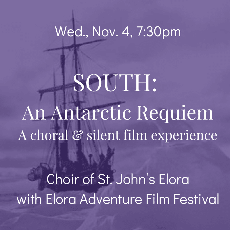 A silhouetted sailing ship navigates icy waters in the foreground, set against a purple background with event details for "SOUTH: An Antarctic Requiem."