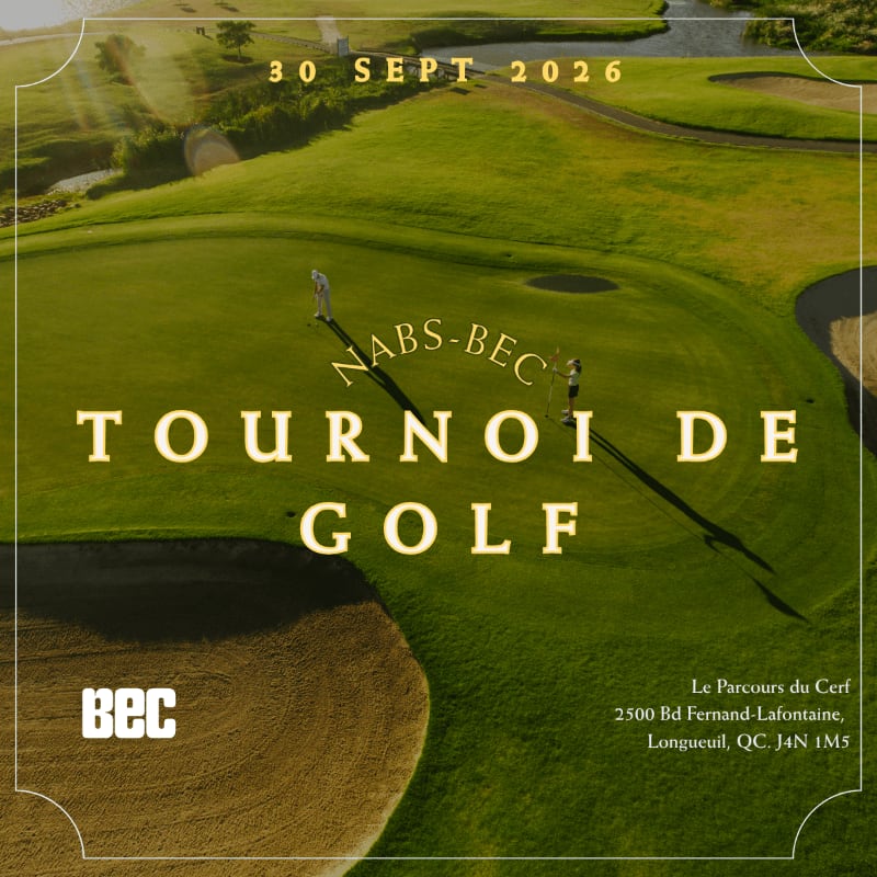 A golf tournament is advertised with a scenic golf course in the background and a sand trap in the foreground.