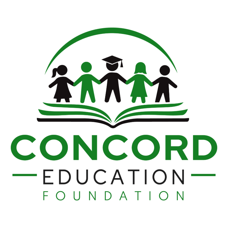 Five silhouetted children holding hands stand atop an open book with a green arch above, all set against a white background with the words "CONCORD EDUCATION FOUNDATION" below.