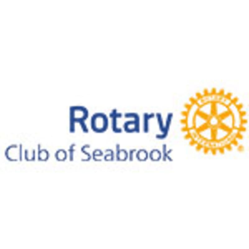The foreground displays the words "Rotary Club of Seabrook" in blue text, with the Rotary International logo in yellow to the right, all set against a plain white background.