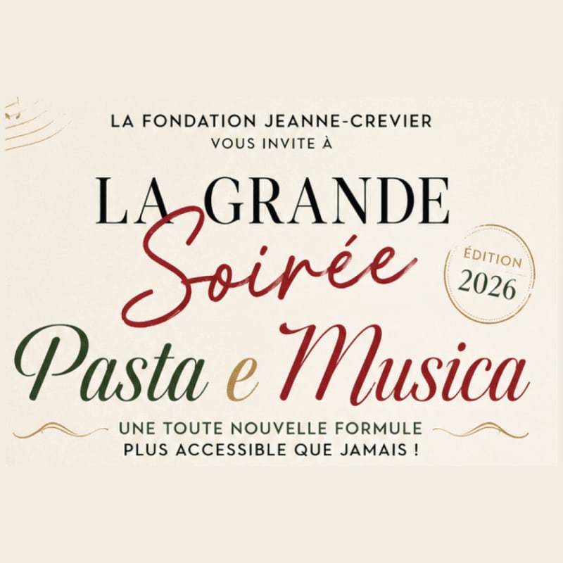 A cream-colored background features bold, elegant text announcing "LA GRANDE Soirée Pasta e Musica" with "ÉDITION 2026" in a circular emblem on the right.