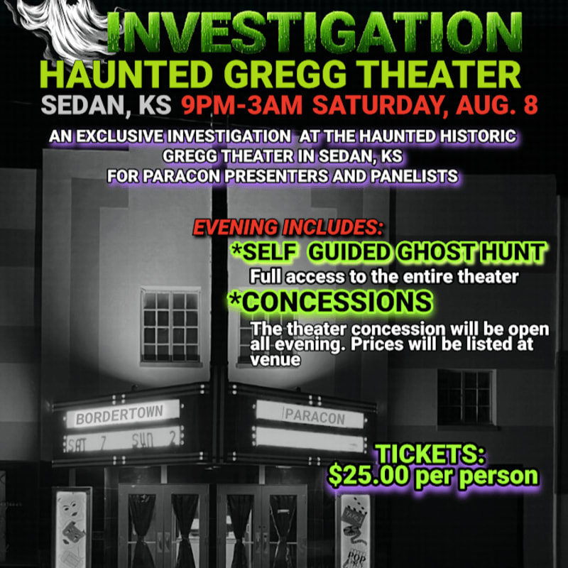 A black and white image advertises a haunted investigation at the Gregg Theater in Sedan, KS, with a marquee sign in the foreground and the theater entrance in the background.