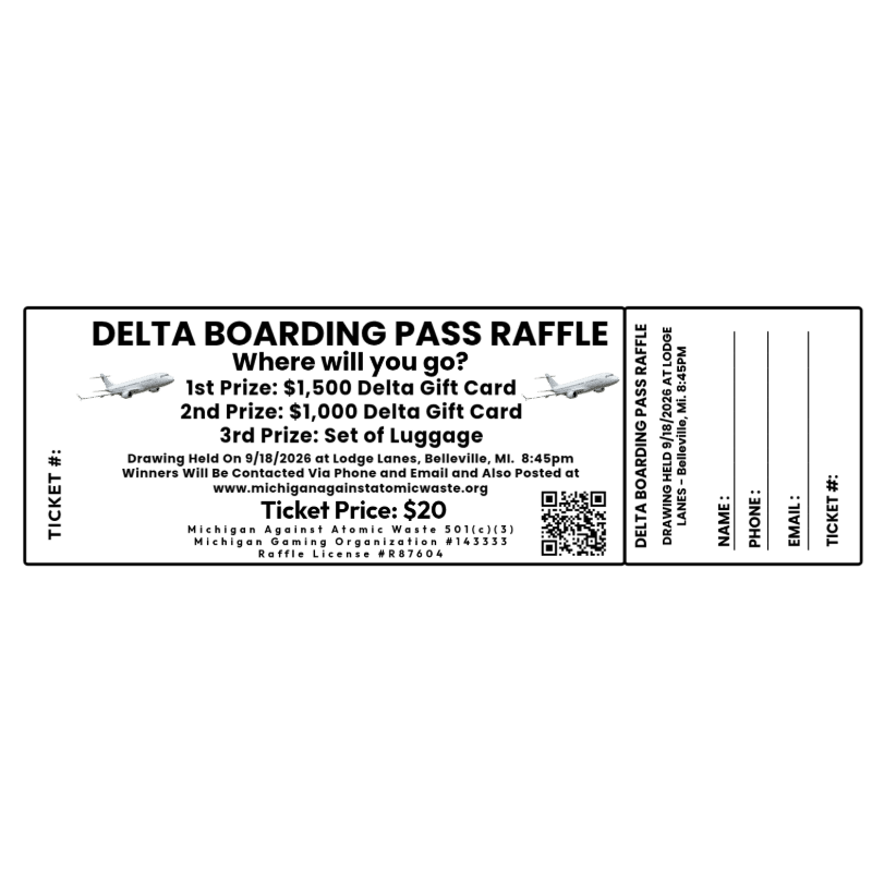 A Delta Boarding Pass Raffle ticket is shown with prize details and drawing information in the foreground, against a white background.