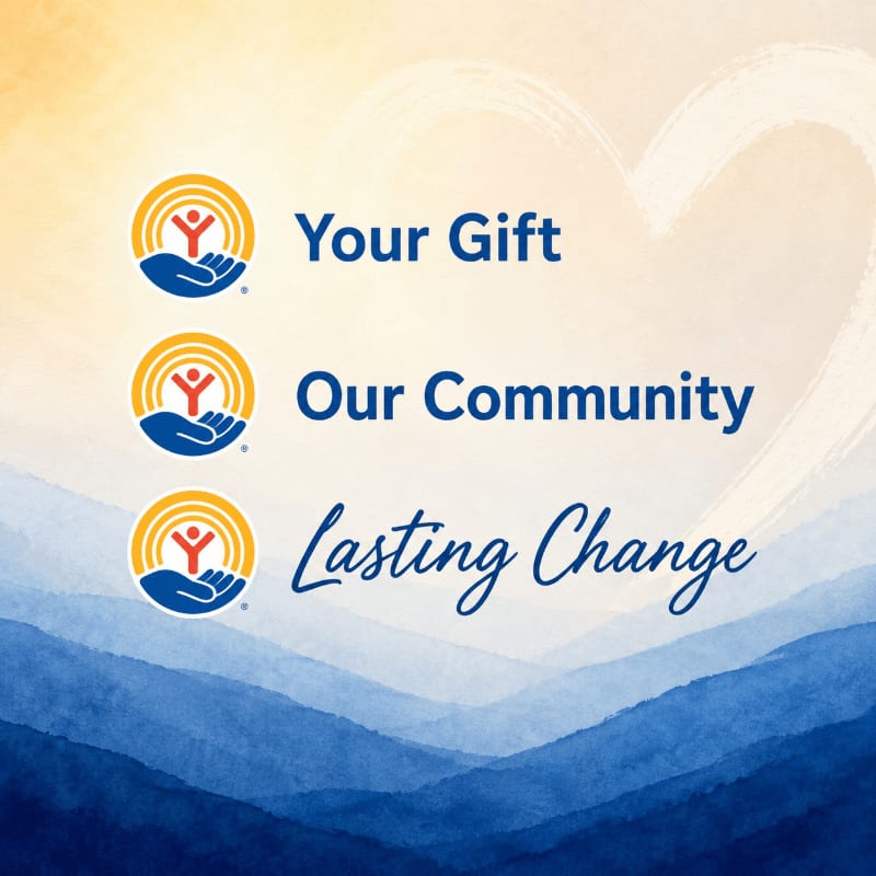 Three United Way logos are aligned vertically in the foreground, each next to a line of text, against a soft, watercolor-style background of blue waves and a golden heart shape.