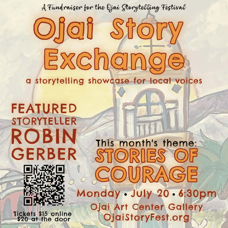 A QR code and event details for the Ojai Story Exchange are in the foreground, with a watercolor illustration of a building and hills in the background.