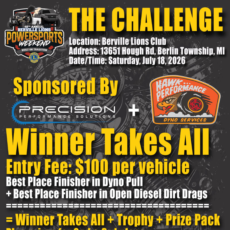 A promotional poster for "The Challenge" powersports event features a dark background with bold yellow text detailing event information, sponsors, and prizes, while the foreground displays logos of sponsors like Precision Performance Solutions and Hawk Performance.