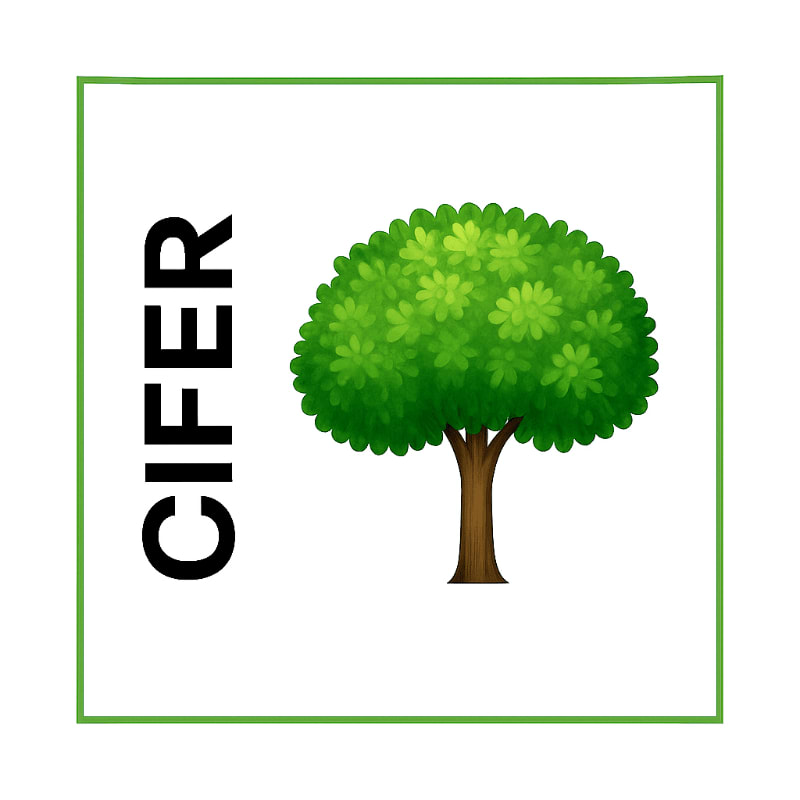 A lush green tree stands beside the word "CIFER" on a white background within a green border.