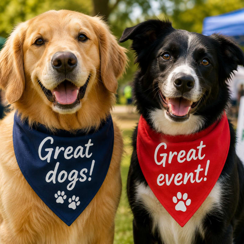 Two happy dogs, a golden retriever and a border collie, wearing bandanas that say "Great dogs!" and "Great event!" respectively, sit in the foreground with a blurred outdoor event in the background.
