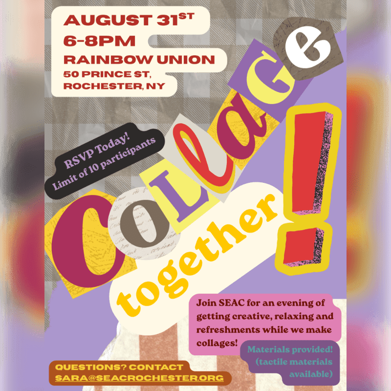 Colorful, cut-out letters spelling "Collage together" dominate the foreground against a light purple background with event details.