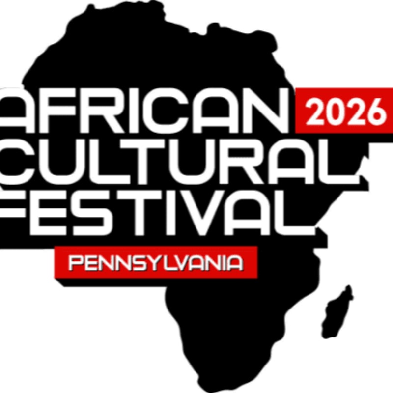 A black silhouette of Africa forms the background for the white text "AFRICAN CULTURAL FESTIVAL" with "2026" in a red box and "PENNSYLVANIA" in a red banner below.