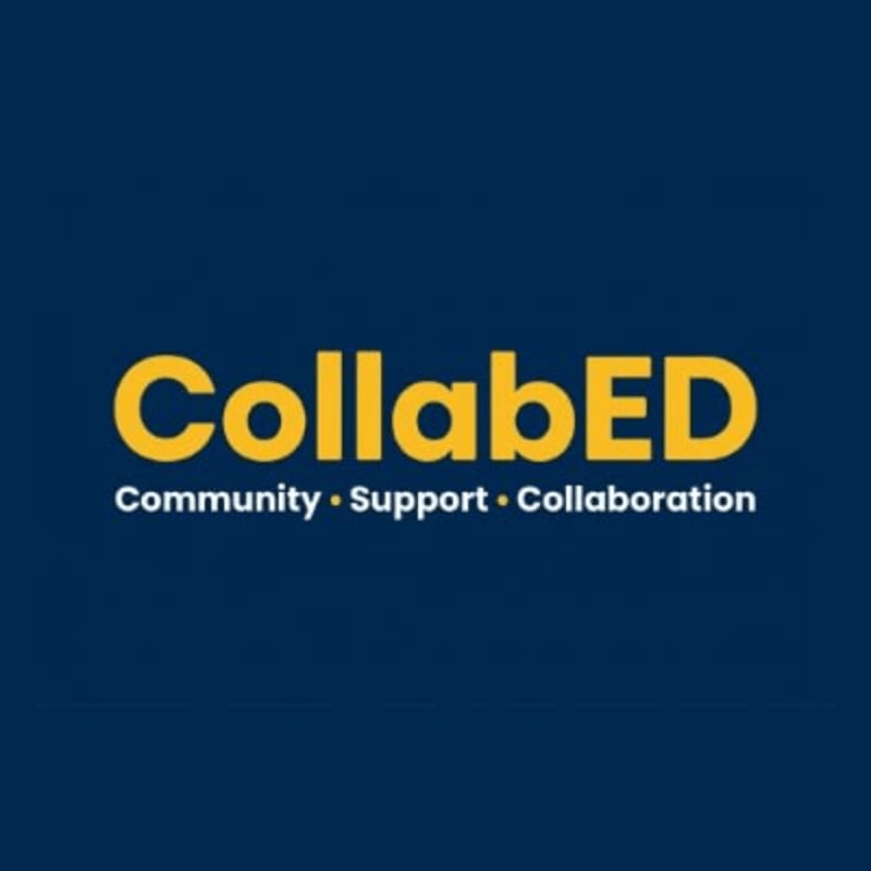 Yellow text spelling "CollabED" with "Community Support Collaboration" below it is centered on a dark blue background.