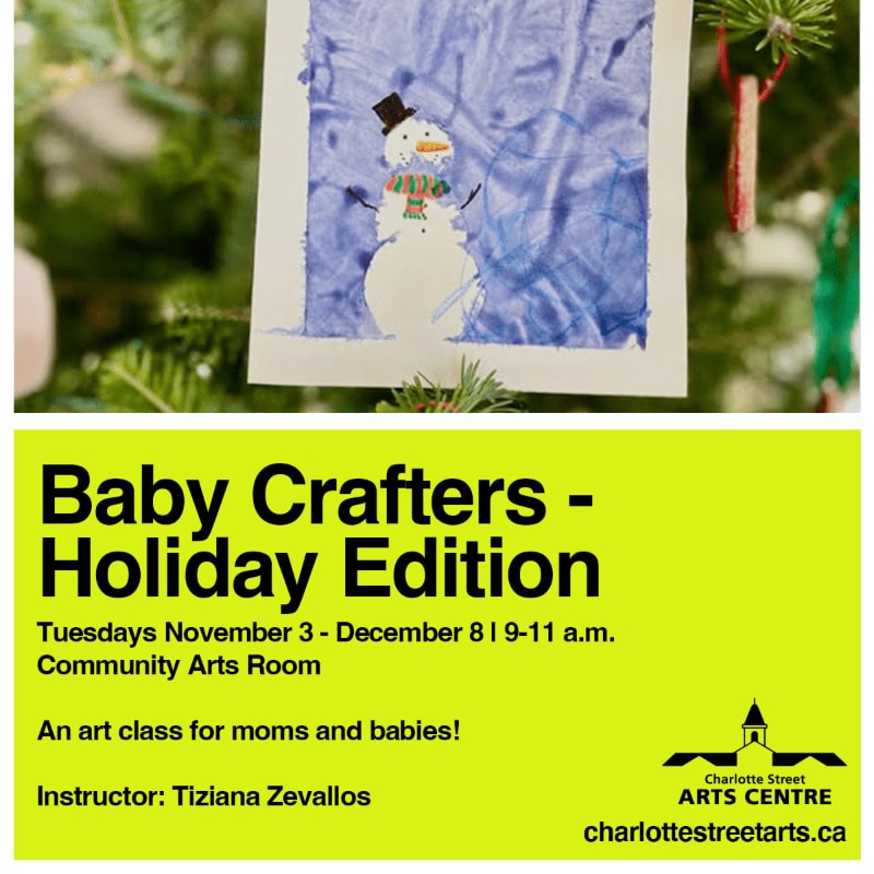 A child's snowman painting hangs on a Christmas tree in the background, with an advertisement for a "Baby Crafters - Holiday Edition" art class in the foreground.