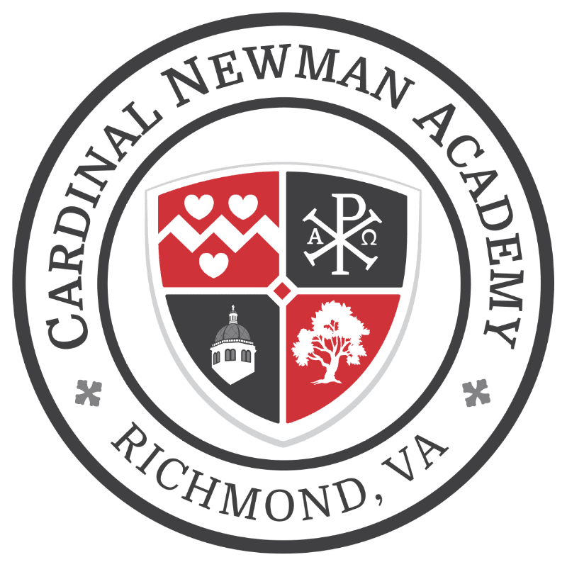 A circular crest with the words "Cardinal Newman Academy Richmond, VA" encircling a shield divided into four quadrants, featuring hearts, a Greek symbol, a building, and a tree.