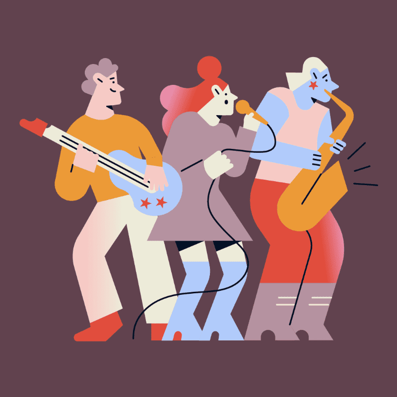Three stylized musicians, a guitarist, singer, and saxophonist, perform against a solid, dark background.